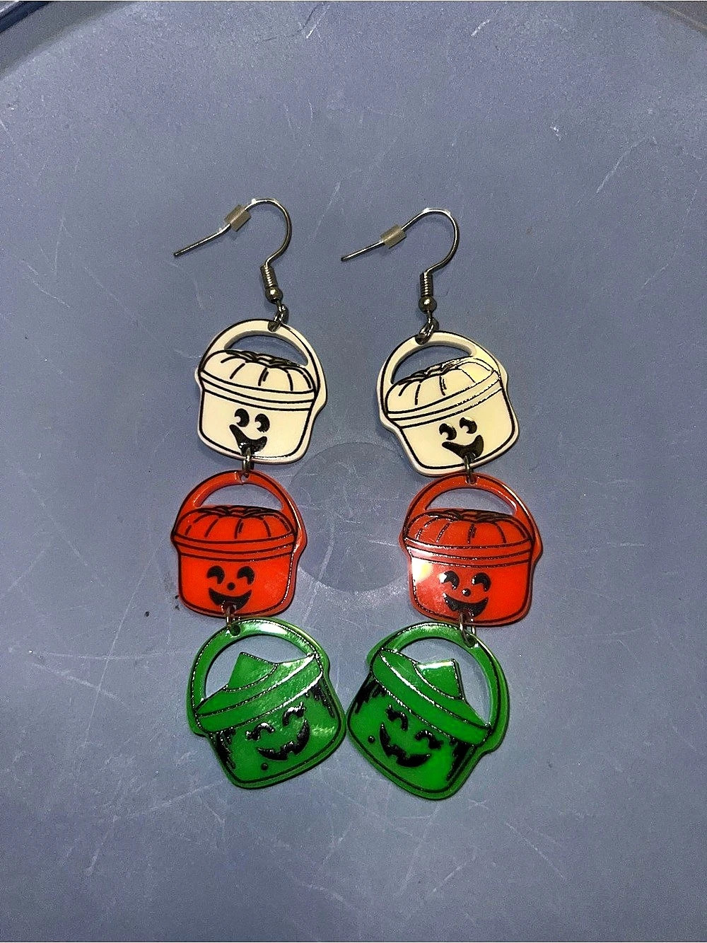 Halloween Bucket Dangle Earrings Green White & Orange
